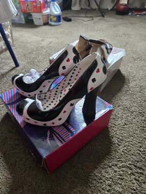 Funtasma Black and White Card Suit Platform Heels with Red Heart Accents